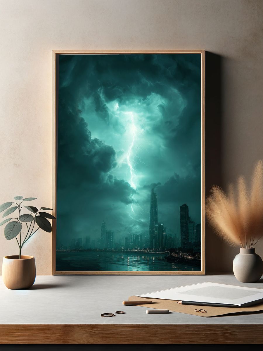Stormy City Lightning Photography Poster. — room view 2
