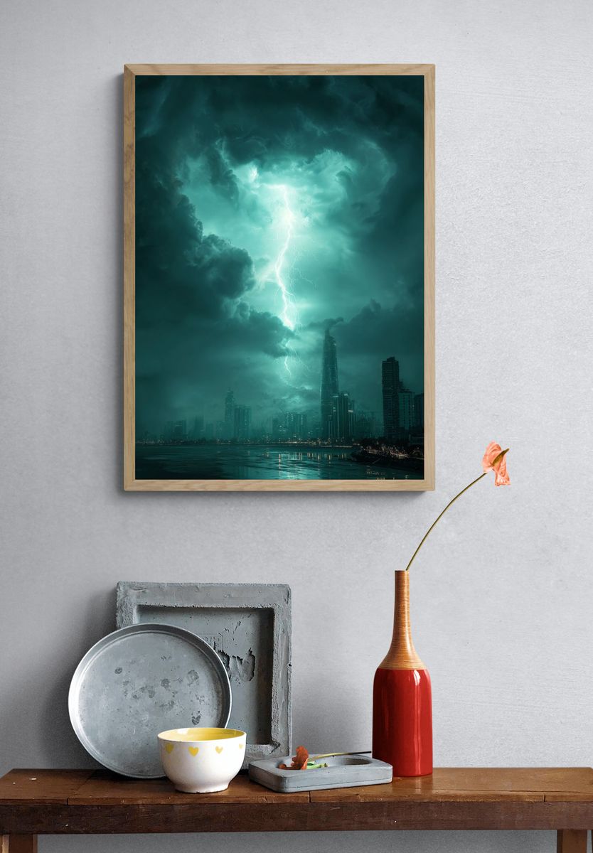 Stormy City Lightning Photography Poster. — room view 3
