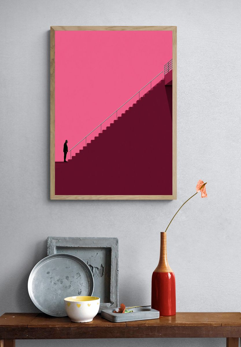 Pink Stairway Silhouette Photography Poster. — room view 3