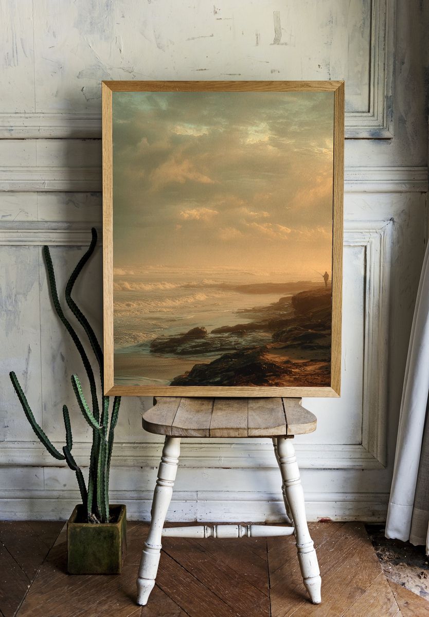 Misty Seaside Sunset Photography Poster. room preview