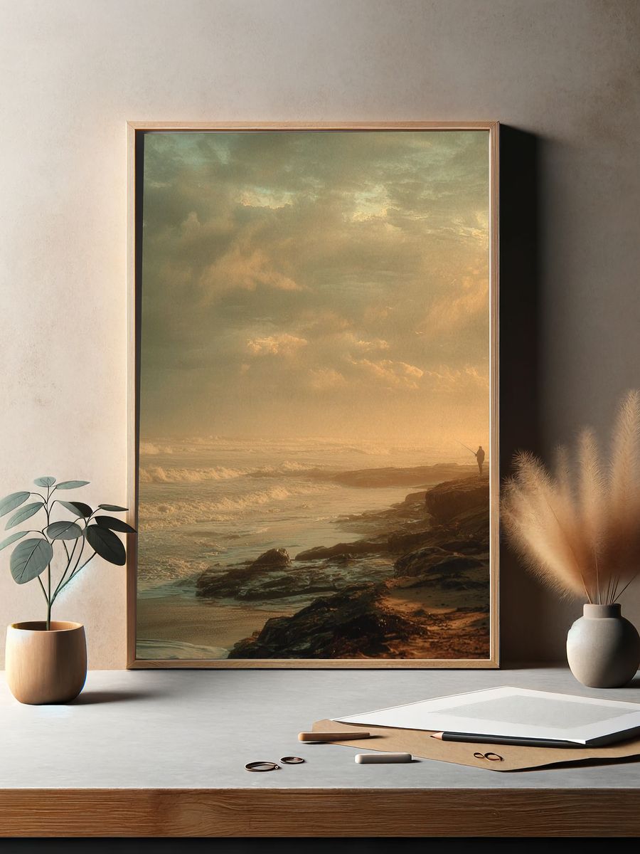 Misty Seaside Sunset Photography Poster. — room view 2