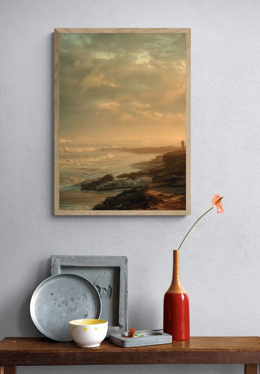 Misty Seaside Sunset Photography Poster. — room view 3
