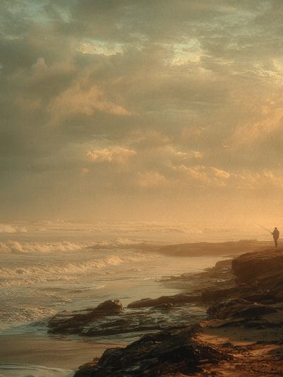 Misty Seaside Sunset Photography Poster.