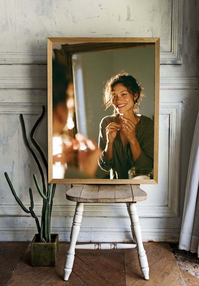 Smiling Woman in Mirror Photography Poster. room preview