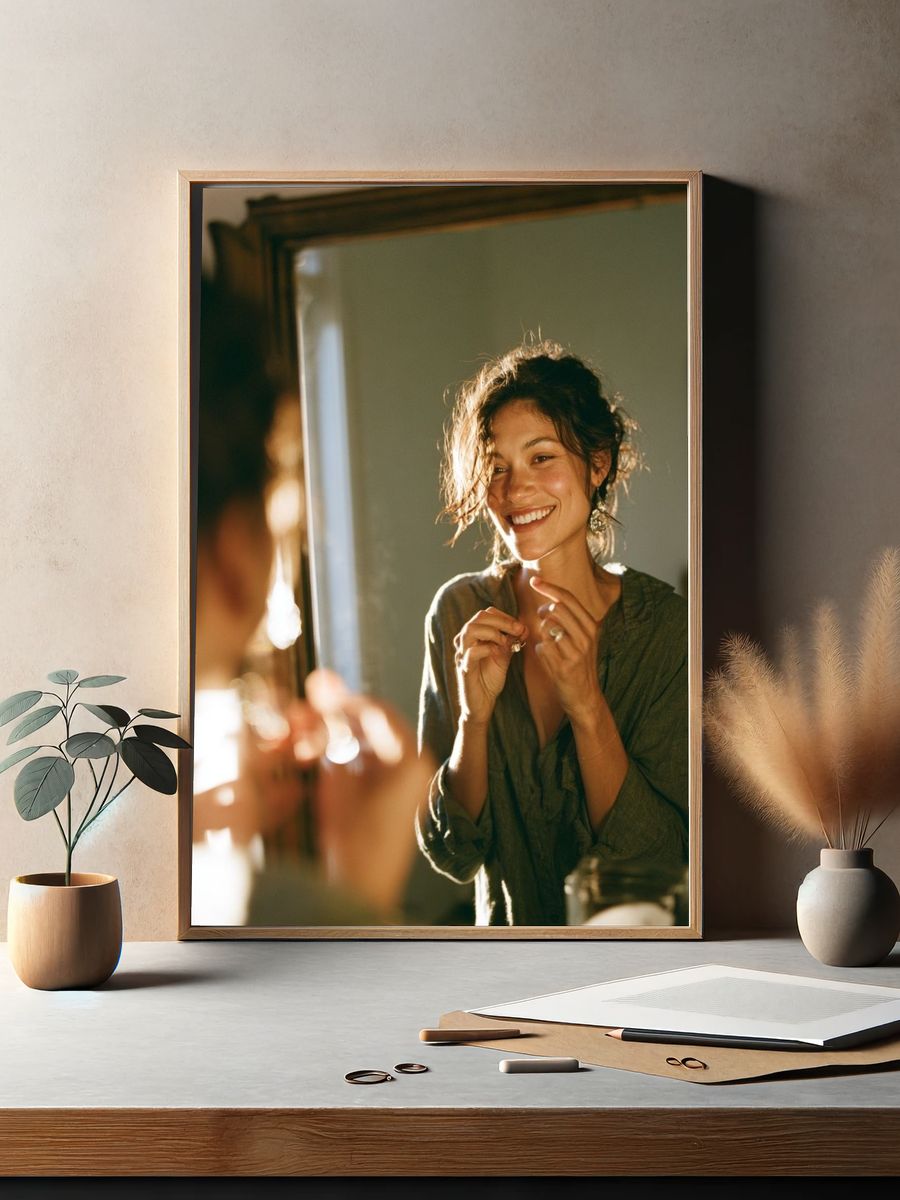 Smiling Woman in Mirror Photography Poster. — room view 2