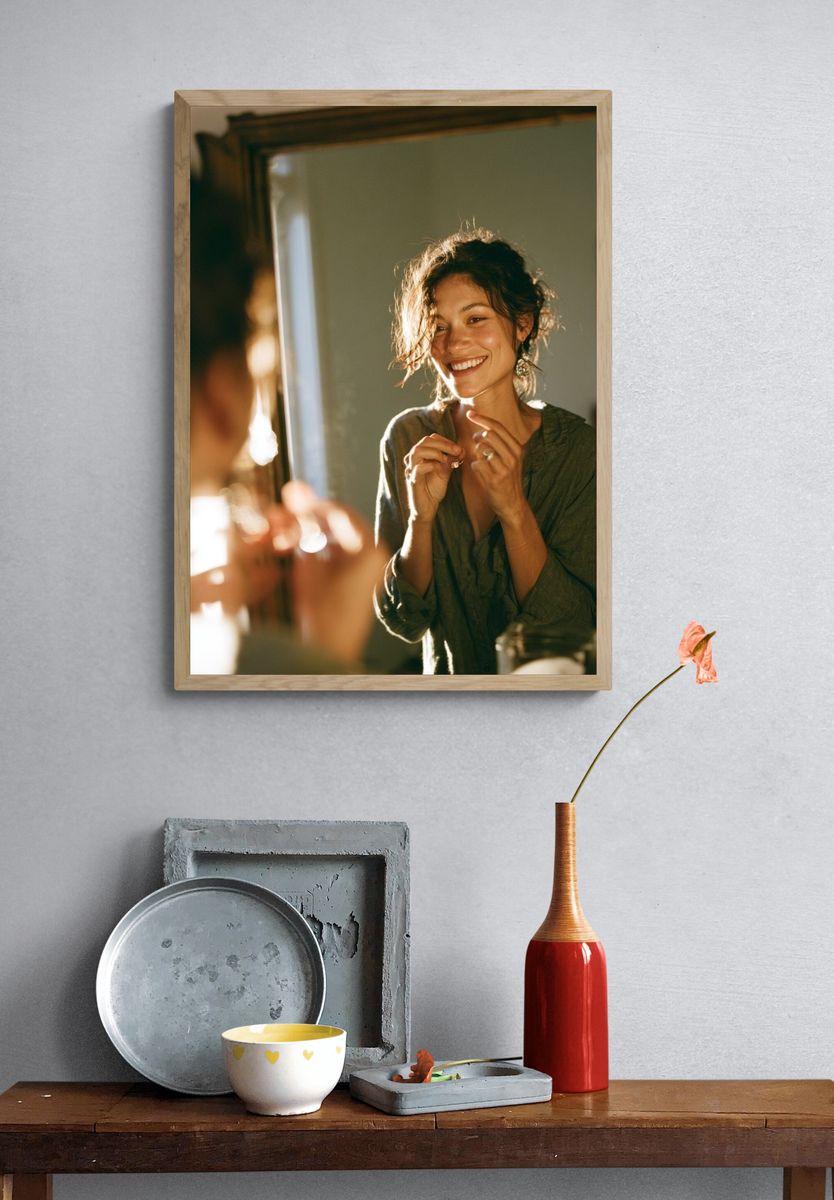 Smiling Woman in Mirror Photography Poster. — room view 3