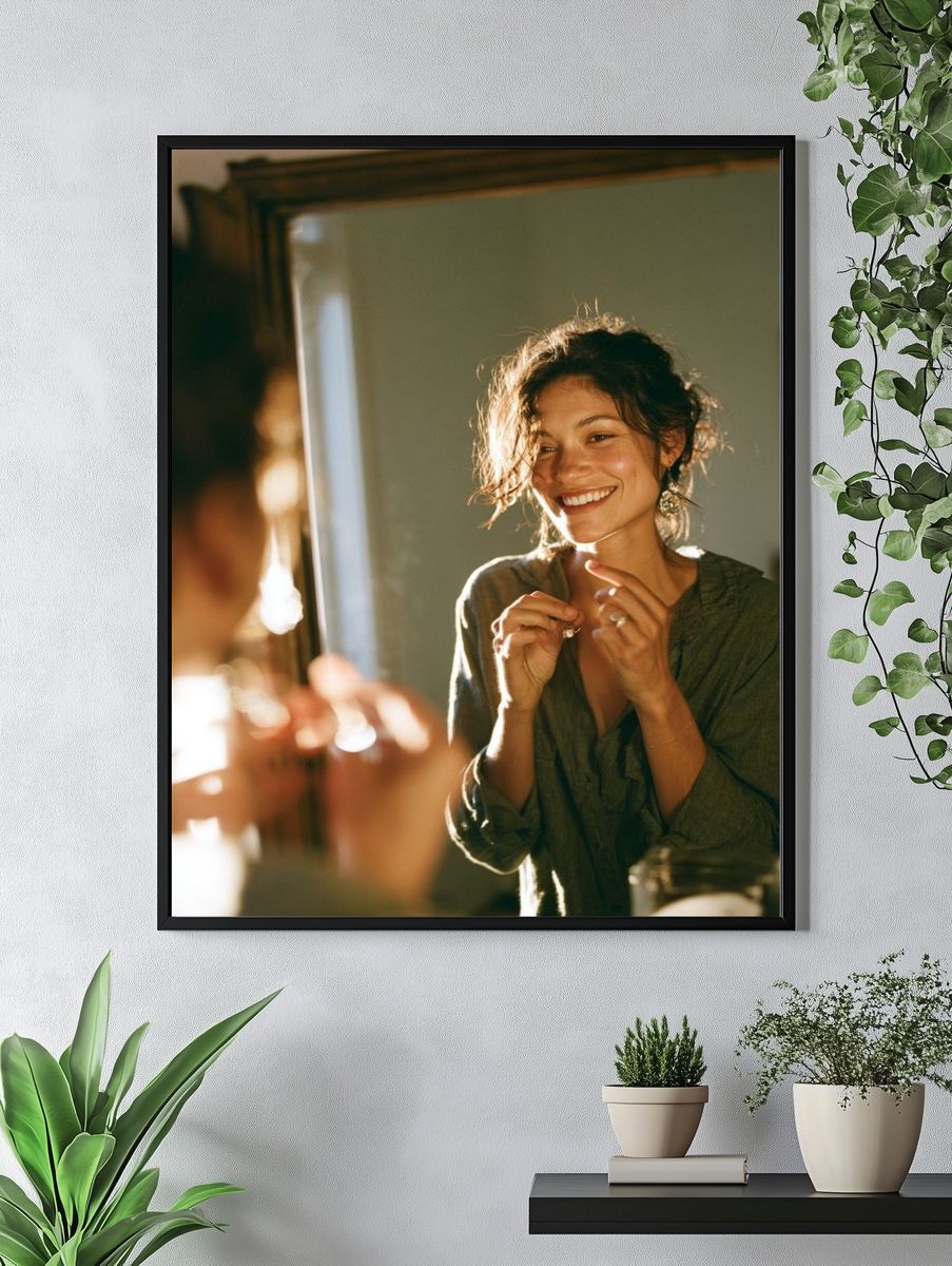 Smiling Woman in Mirror Photography Poster. — room view 4
