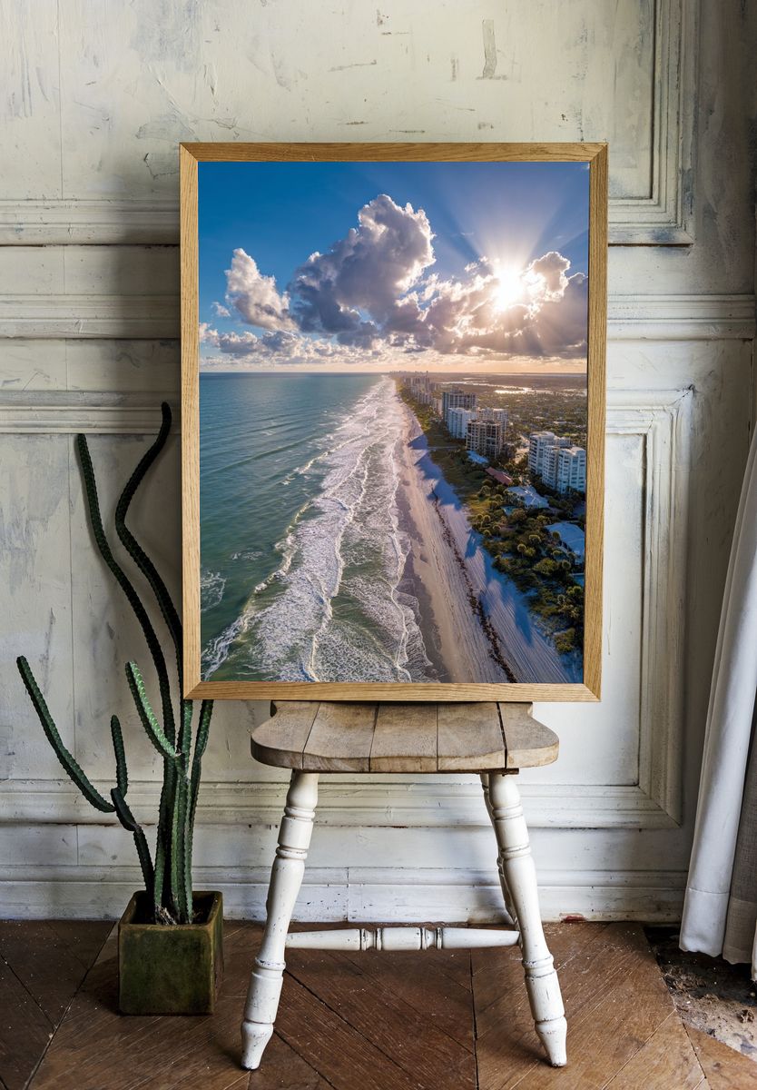 Sunlit Coastal Skyline Photography Poster. room preview
