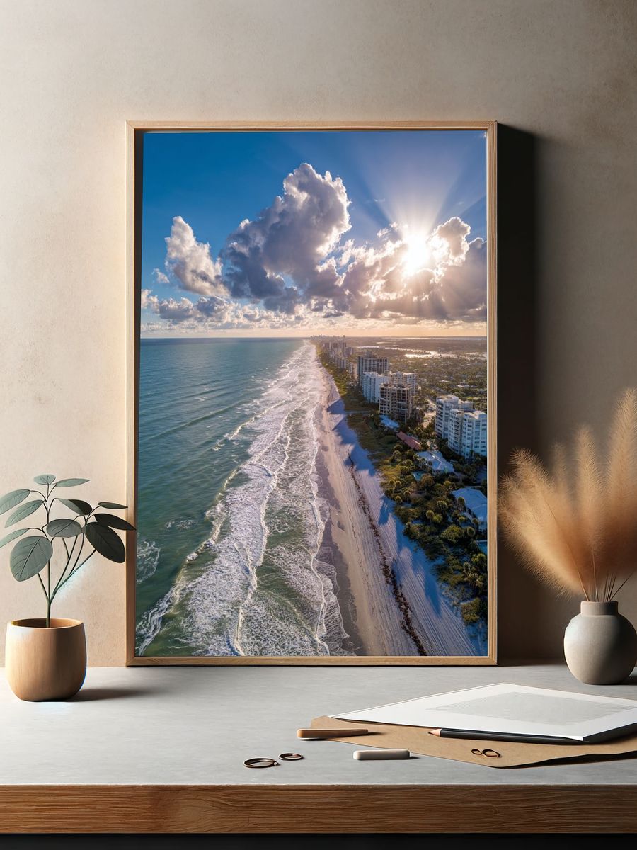 Sunlit Coastal Skyline Photography Poster. — room view 2