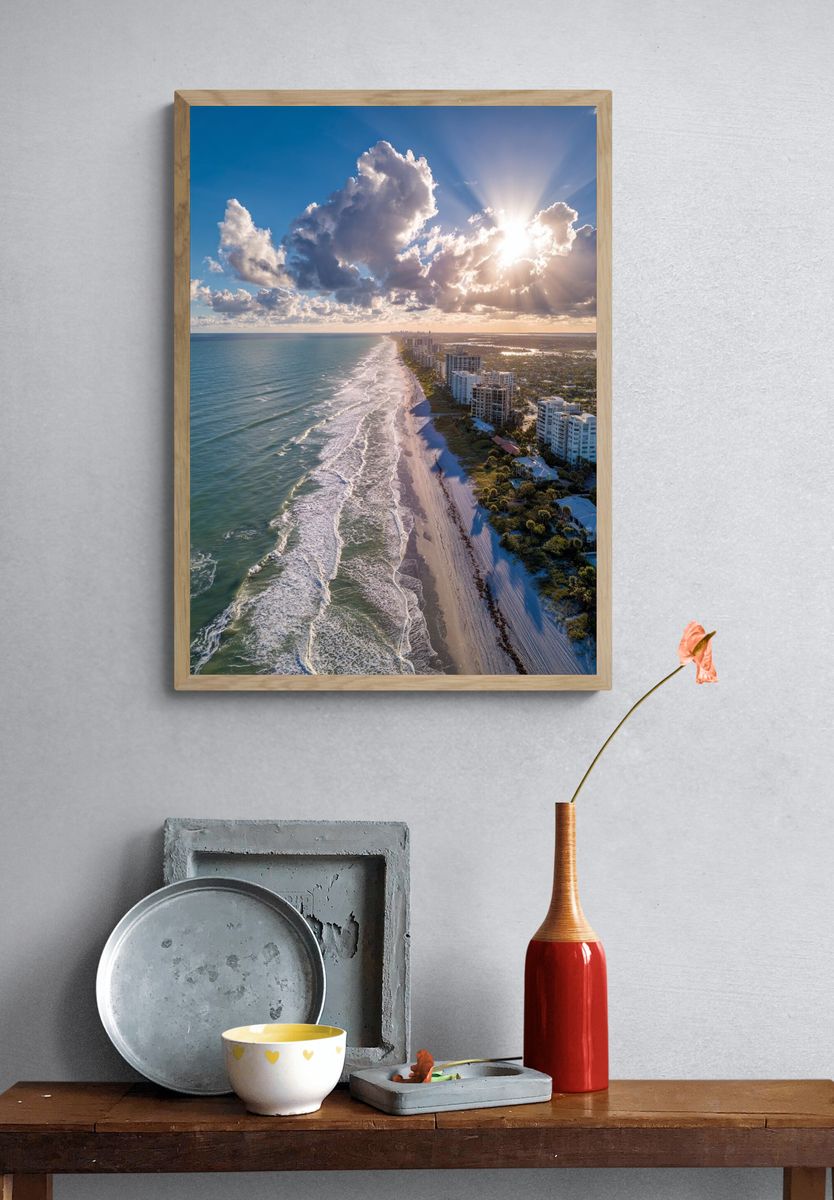 Sunlit Coastal Skyline Photography Poster. — room view 3