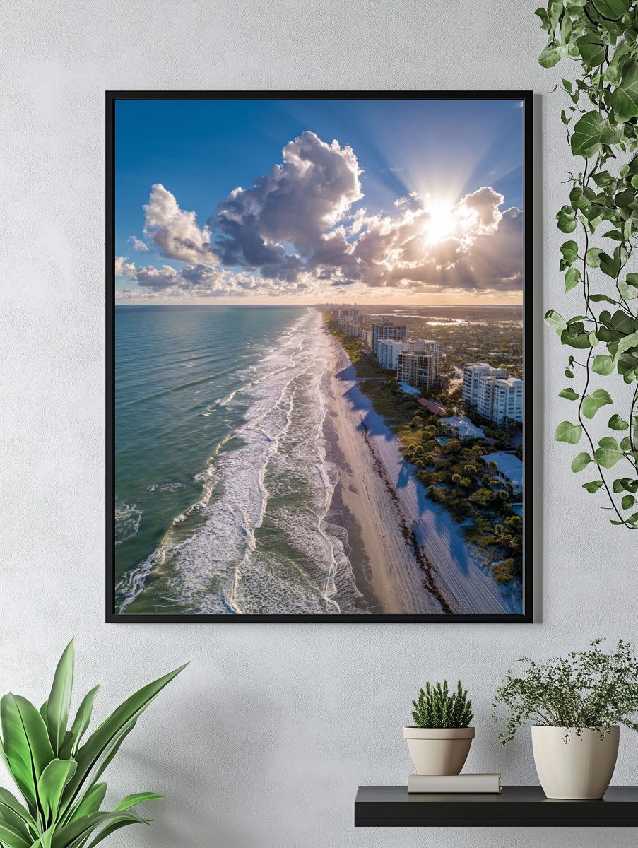 Sunlit Coastal Skyline Photography Poster. — room view 4