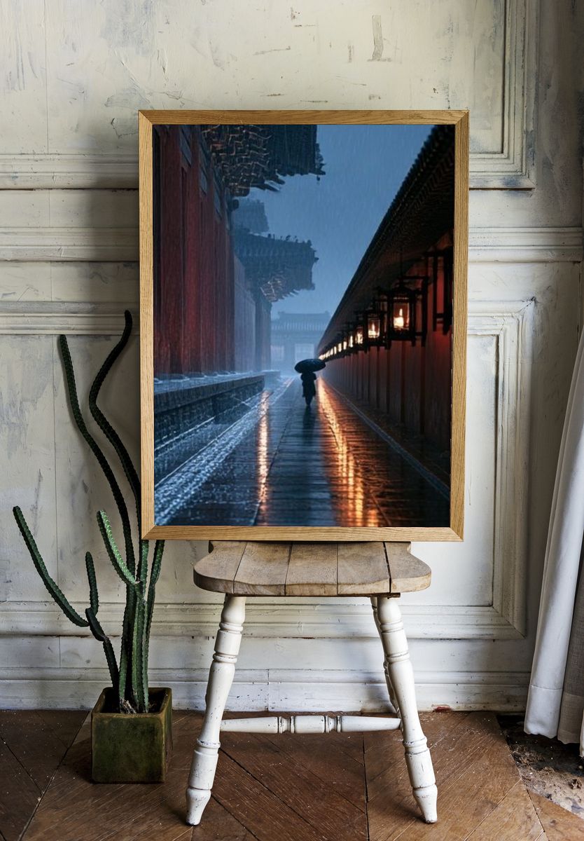Rainy Temple Alley Photography Poster. — room view 1