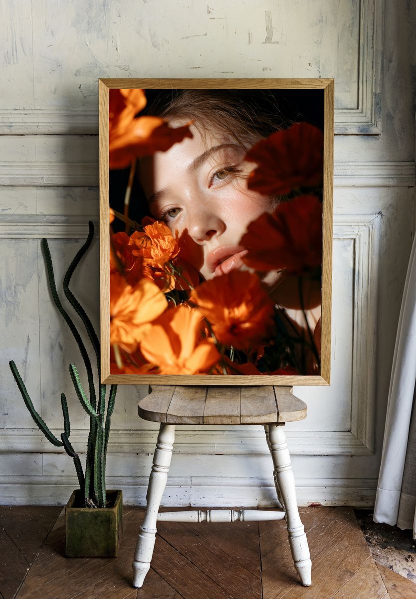 Orange Floral Portrait Poster. room preview