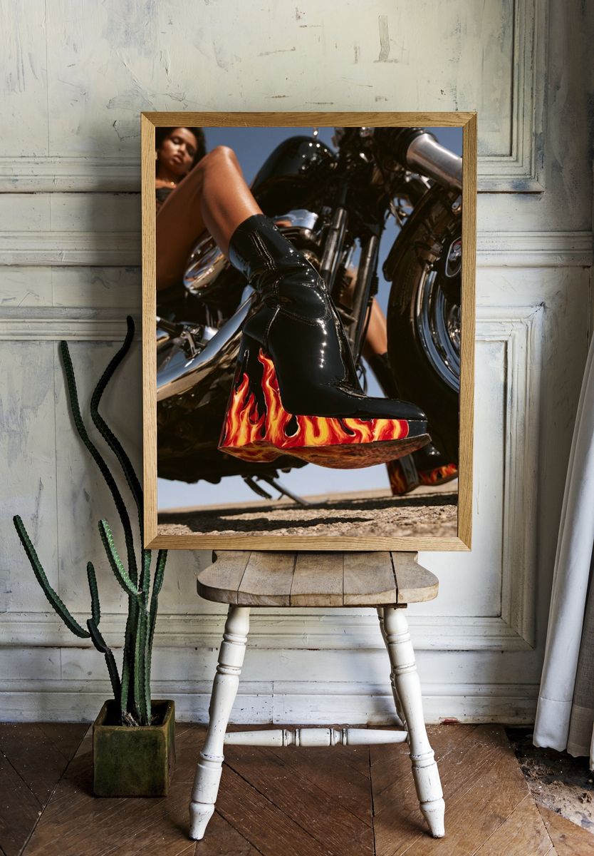 Flame Boot Motorcycle Photography Poster. room preview