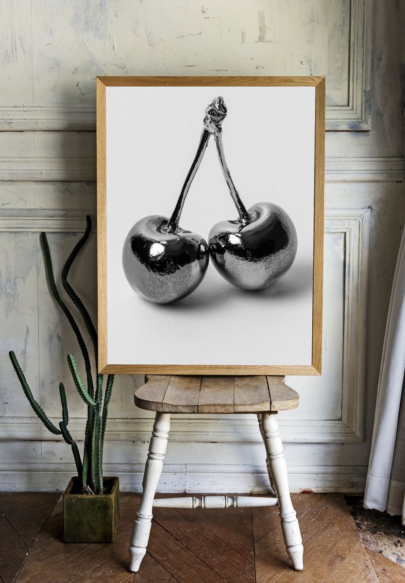 Chrome Cherries Photography Poster. room preview