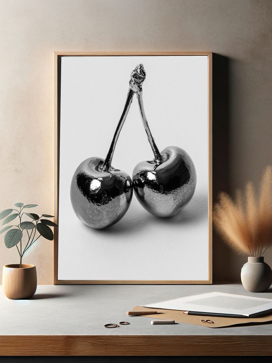 Chrome Cherries Photography Poster. — room view 2