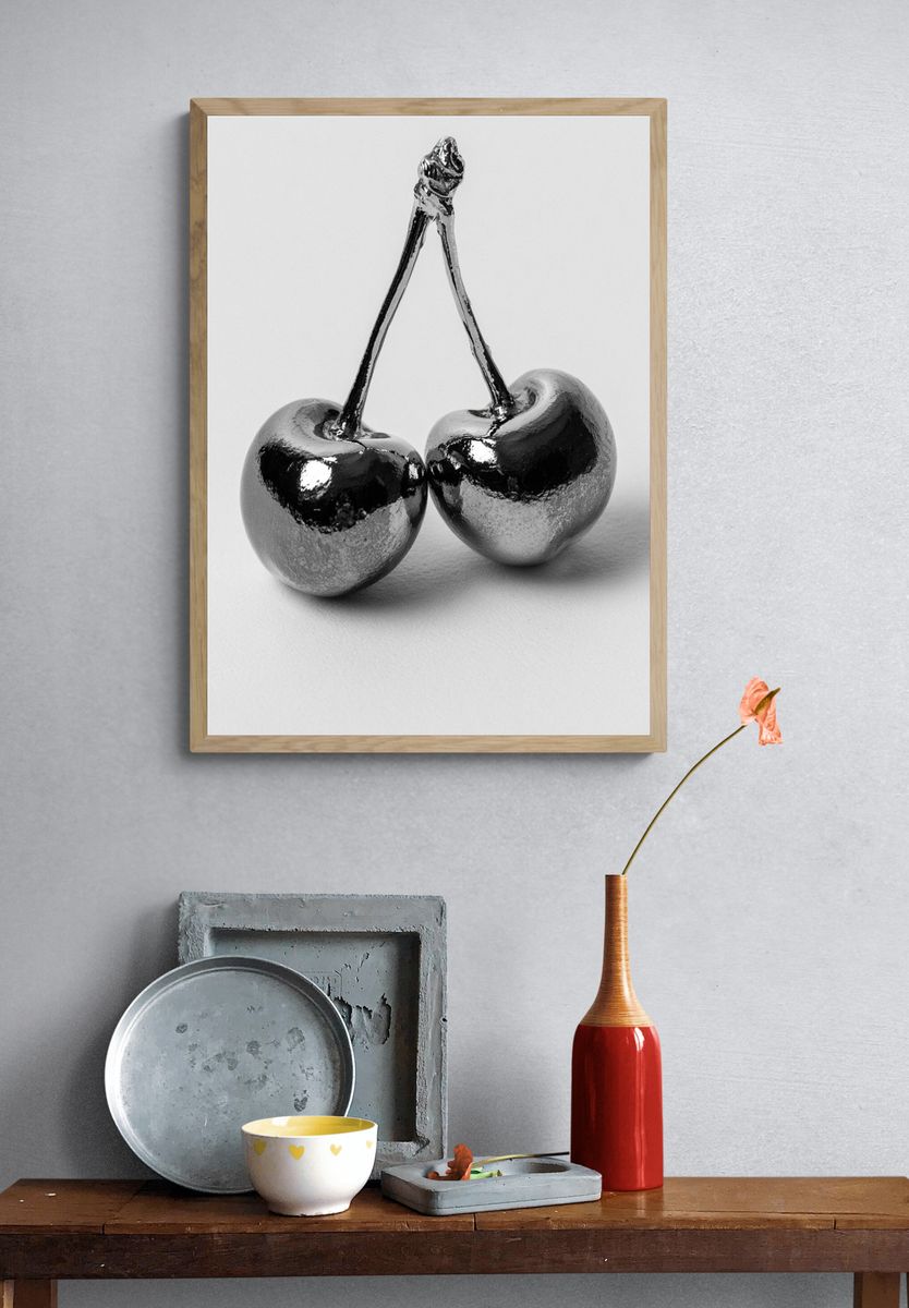 Chrome Cherries Photography Poster. — room view 3