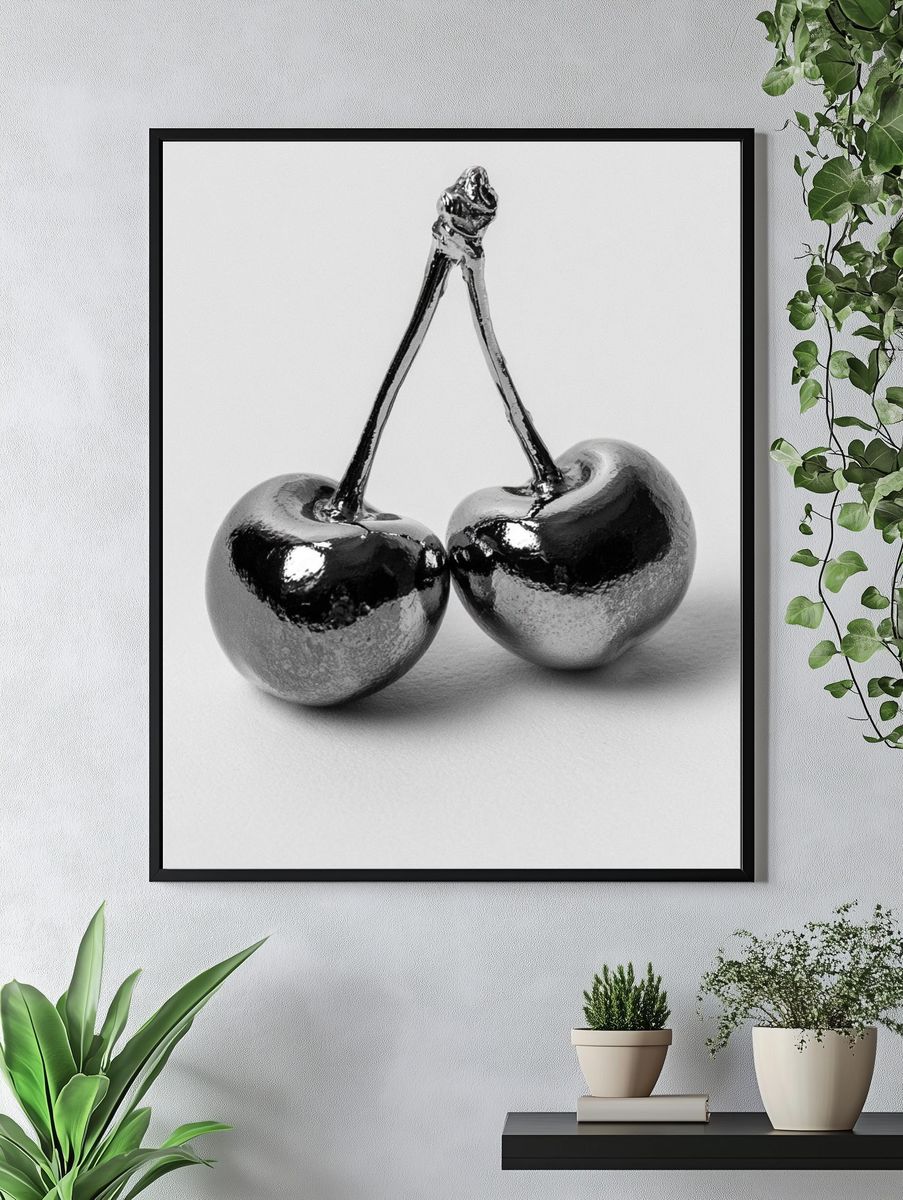 Chrome Cherries Photography Poster. — room view 4
