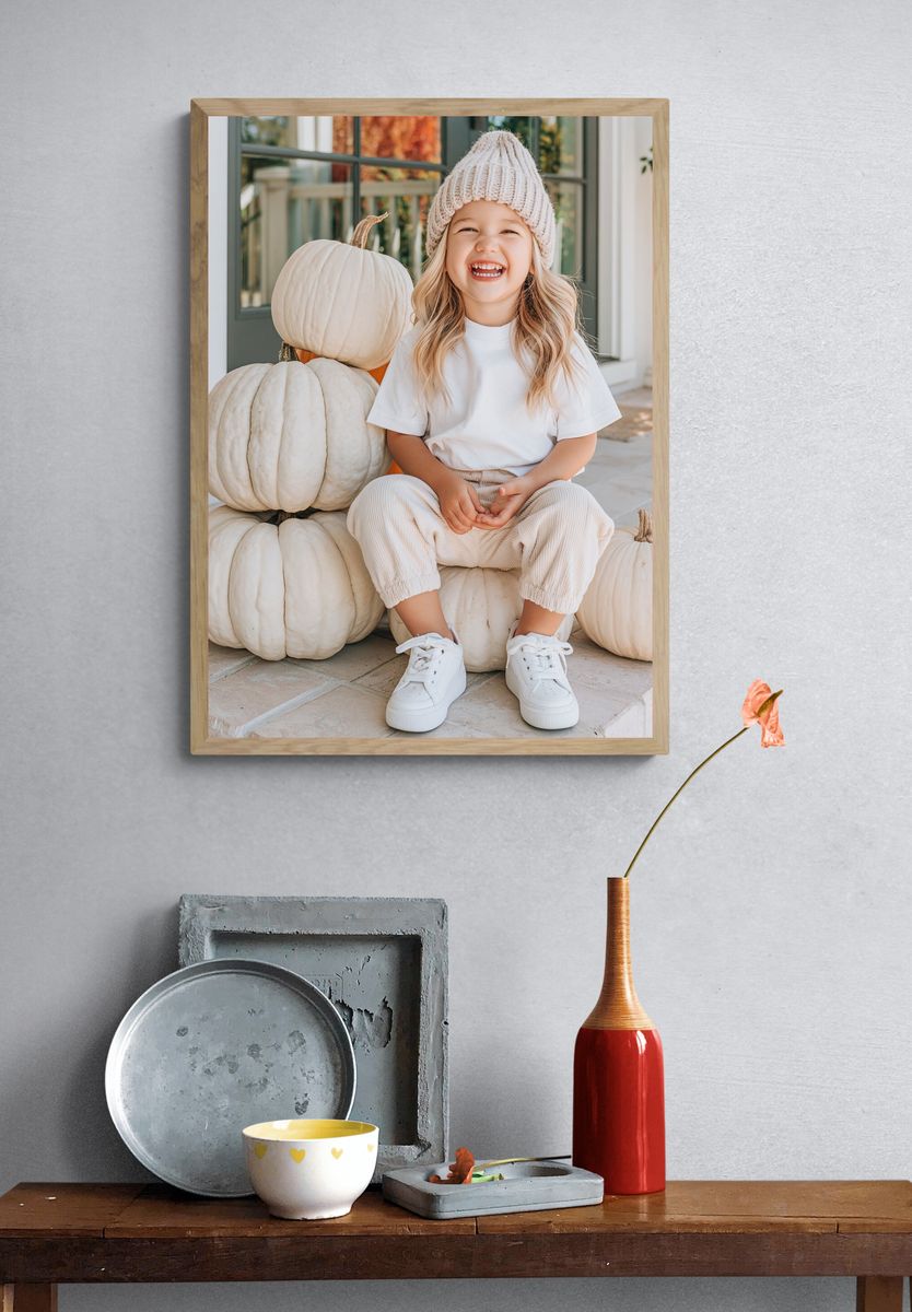 Smiling Child with Pumpkins Photography Poster. — room view 3