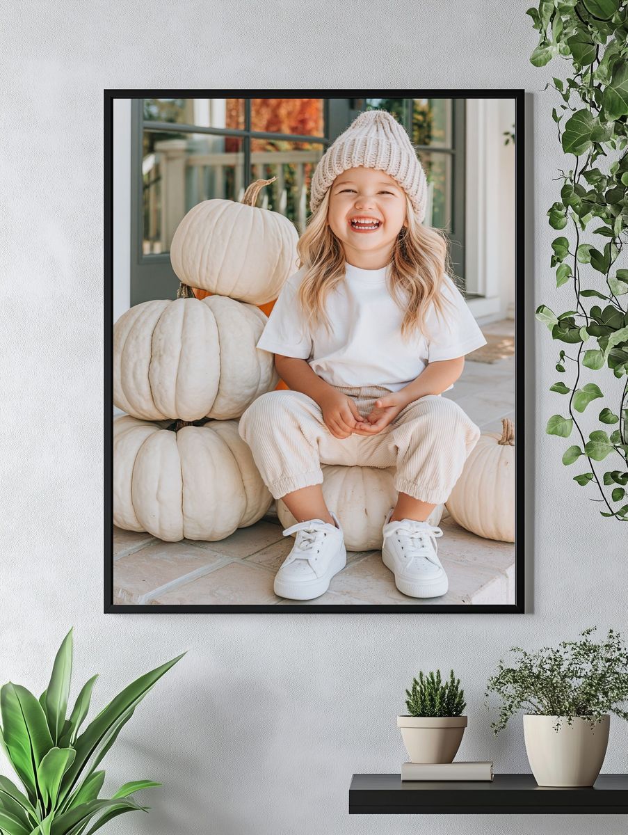 Smiling Child with Pumpkins Photography Poster. — room view 4
