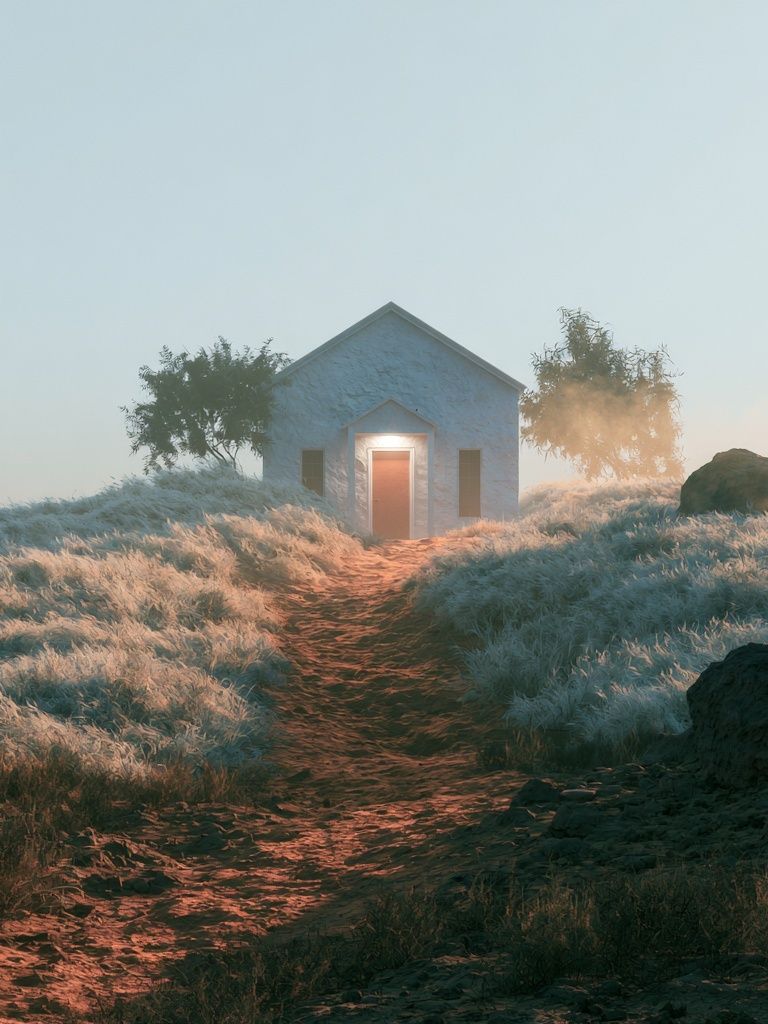 Misty Cottage Path Photography Poster. poster detail