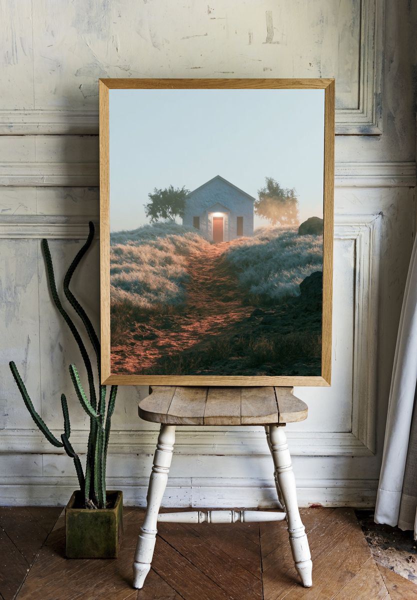 Misty Cottage Path Photography Poster. — room view 1
