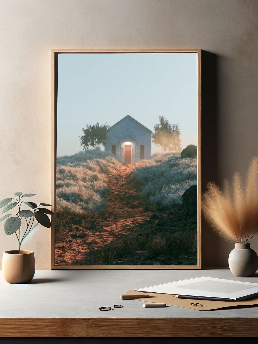 Misty Cottage Path Photography Poster. — room view 2