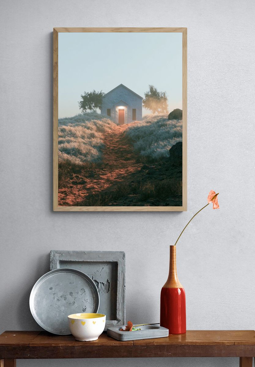 Misty Cottage Path Photography Poster. — room view 3