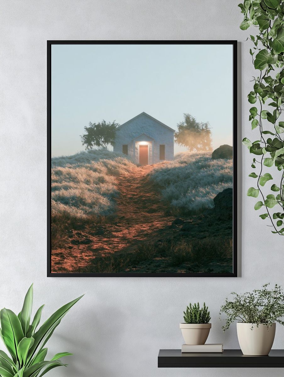 Misty Cottage Path Photography Poster. — room view 4