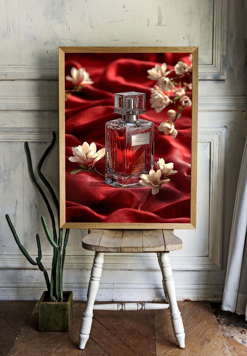 Red Perfume Bottle Photography Poster. room preview