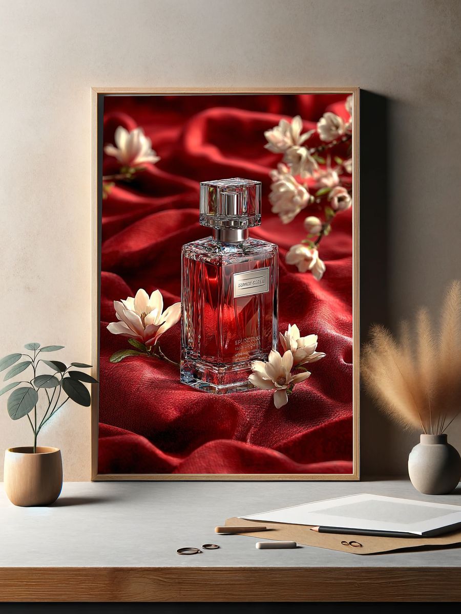 Red Perfume Bottle Photography Poster. — room view 2
