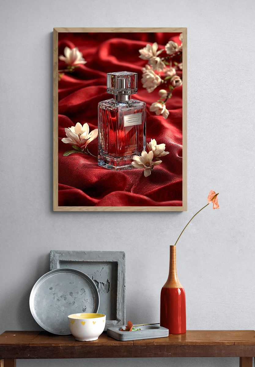 Red Perfume Bottle Photography Poster. — room view 3
