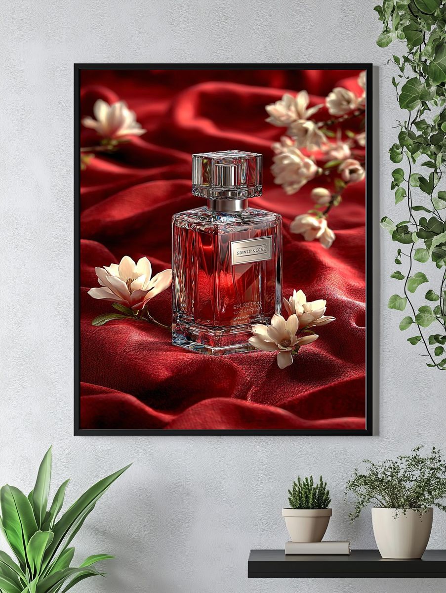 Red Perfume Bottle Photography Poster. — room view 4