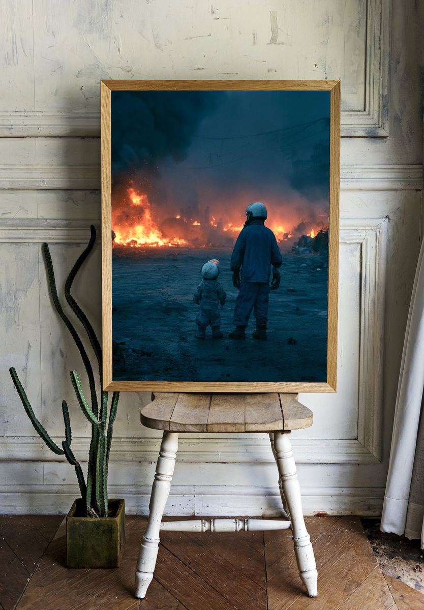 Firelit Rescue Scene Photography Poster. — room view 1