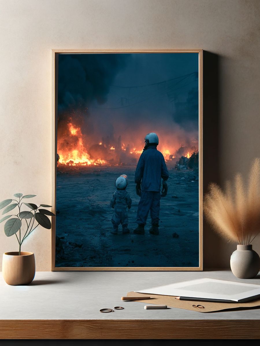Firelit Rescue Scene Photography Poster. — room view 2