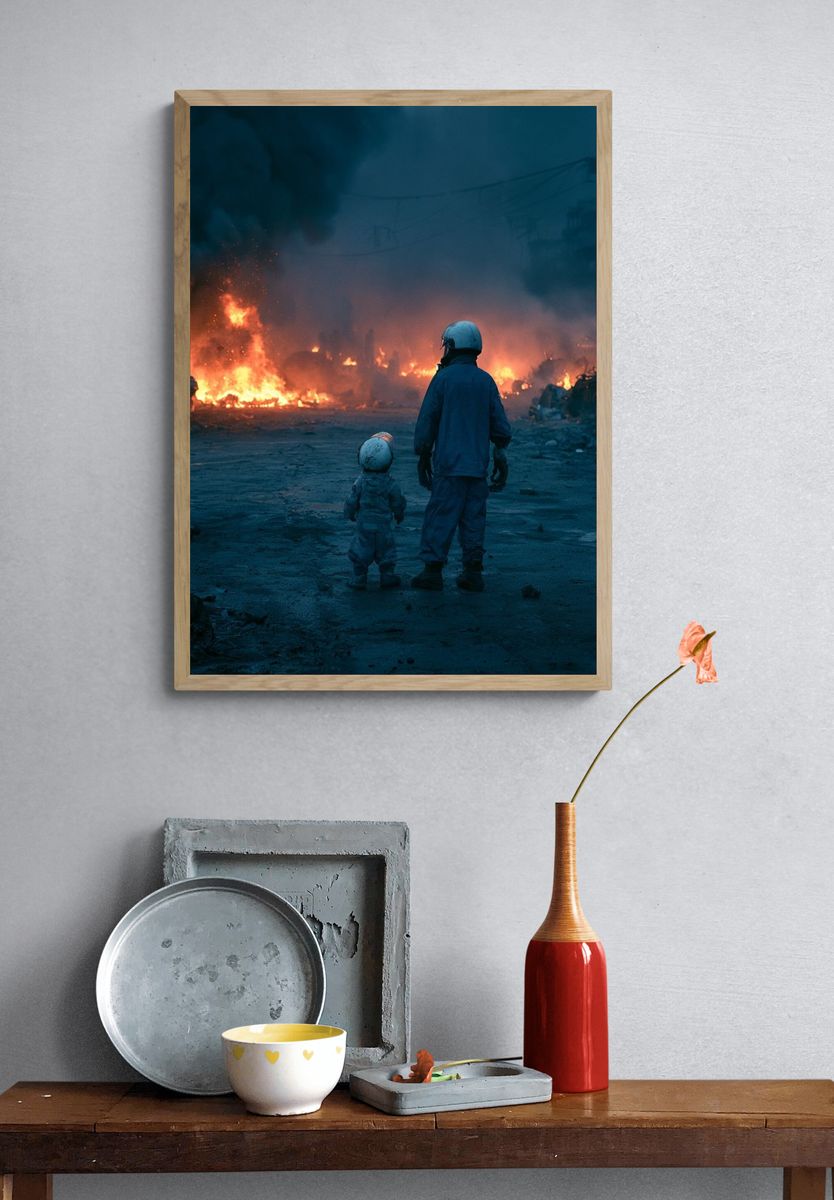 Firelit Rescue Scene Photography Poster. — room view 3