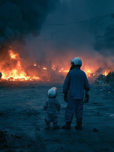 Firelit Rescue Scene Photography Poster.