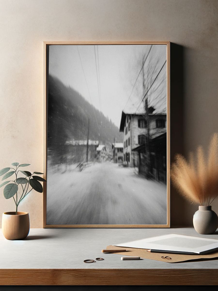 Snowy Village Street Photography Poster. — room view 2