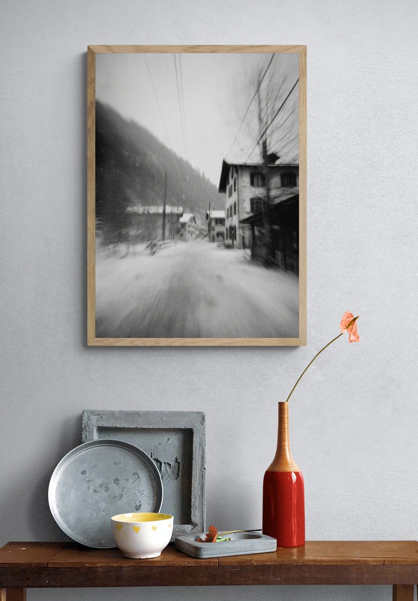 Snowy Village Street Photography Poster. — room view 3