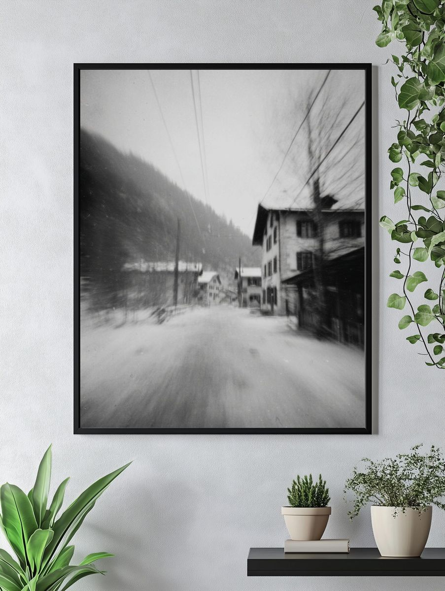 Snowy Village Street Photography Poster. — room view 4