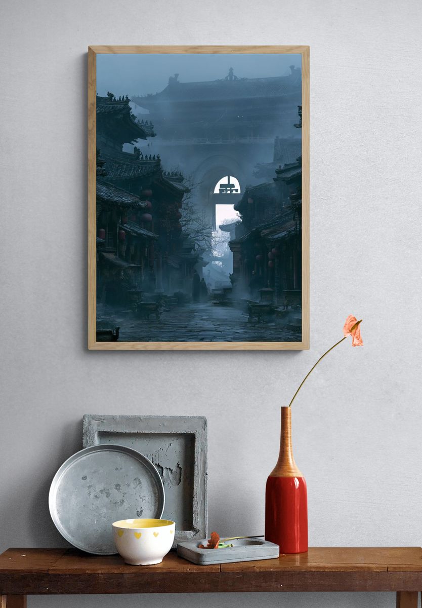 Misty Ancient Chinese Street Photography Poster. — room view 3