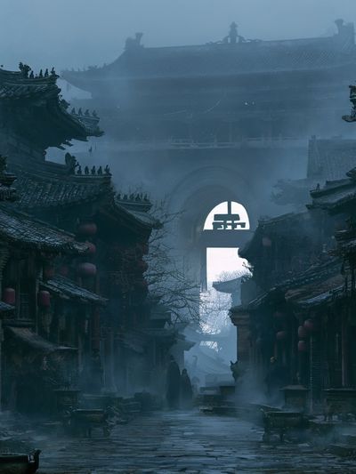 Misty Ancient Chinese Street Photography Poster. poster