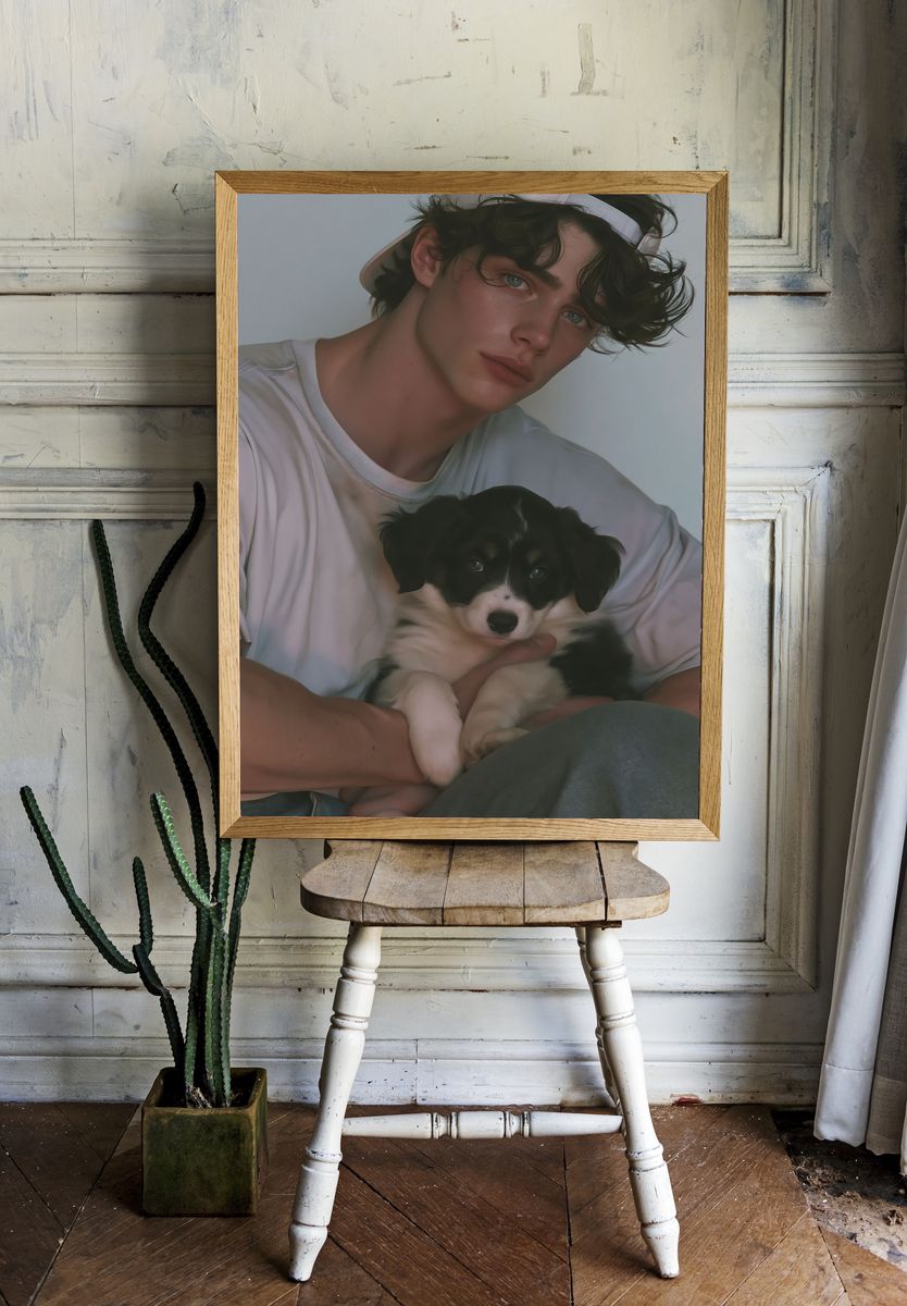 Portrait with Puppy Photography Poster. room preview