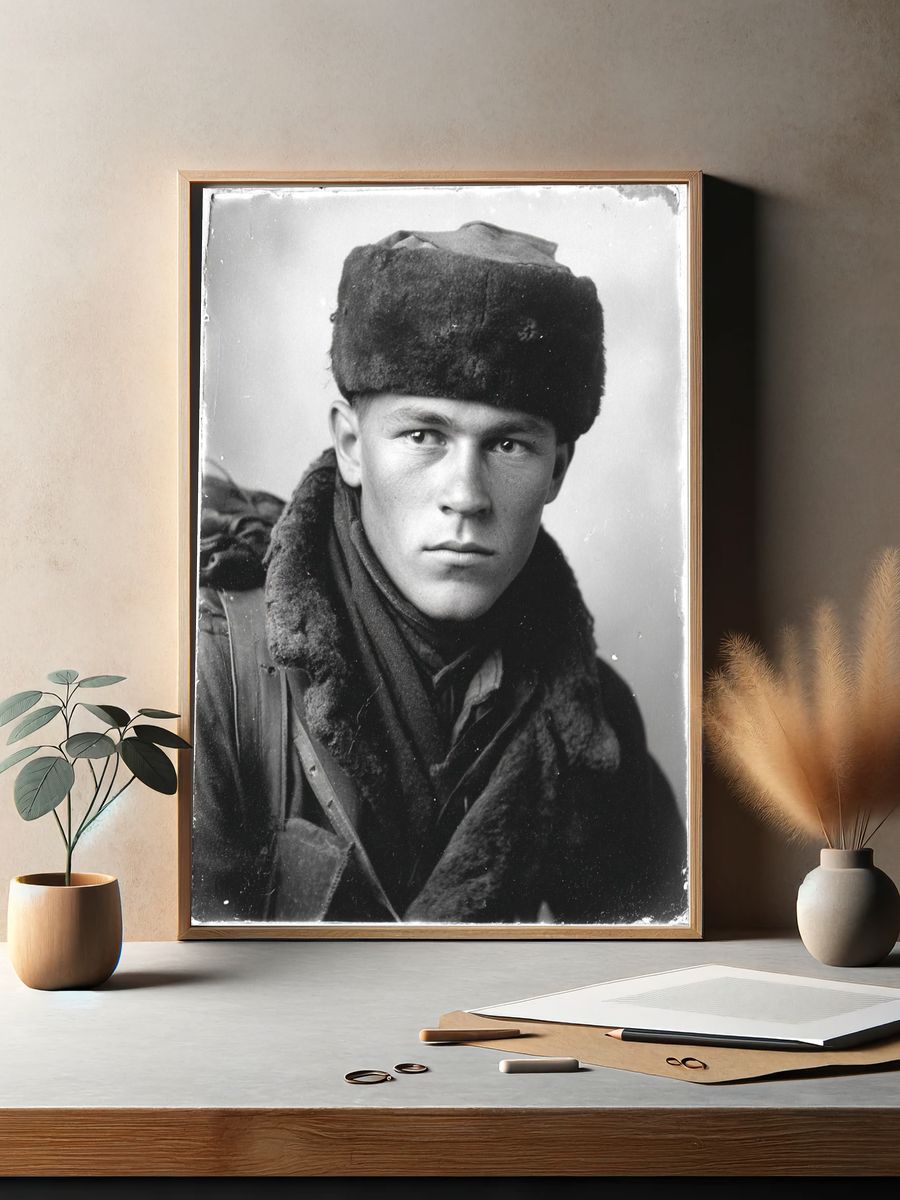 Black and White Soldier Portrait Poster. — room view 2