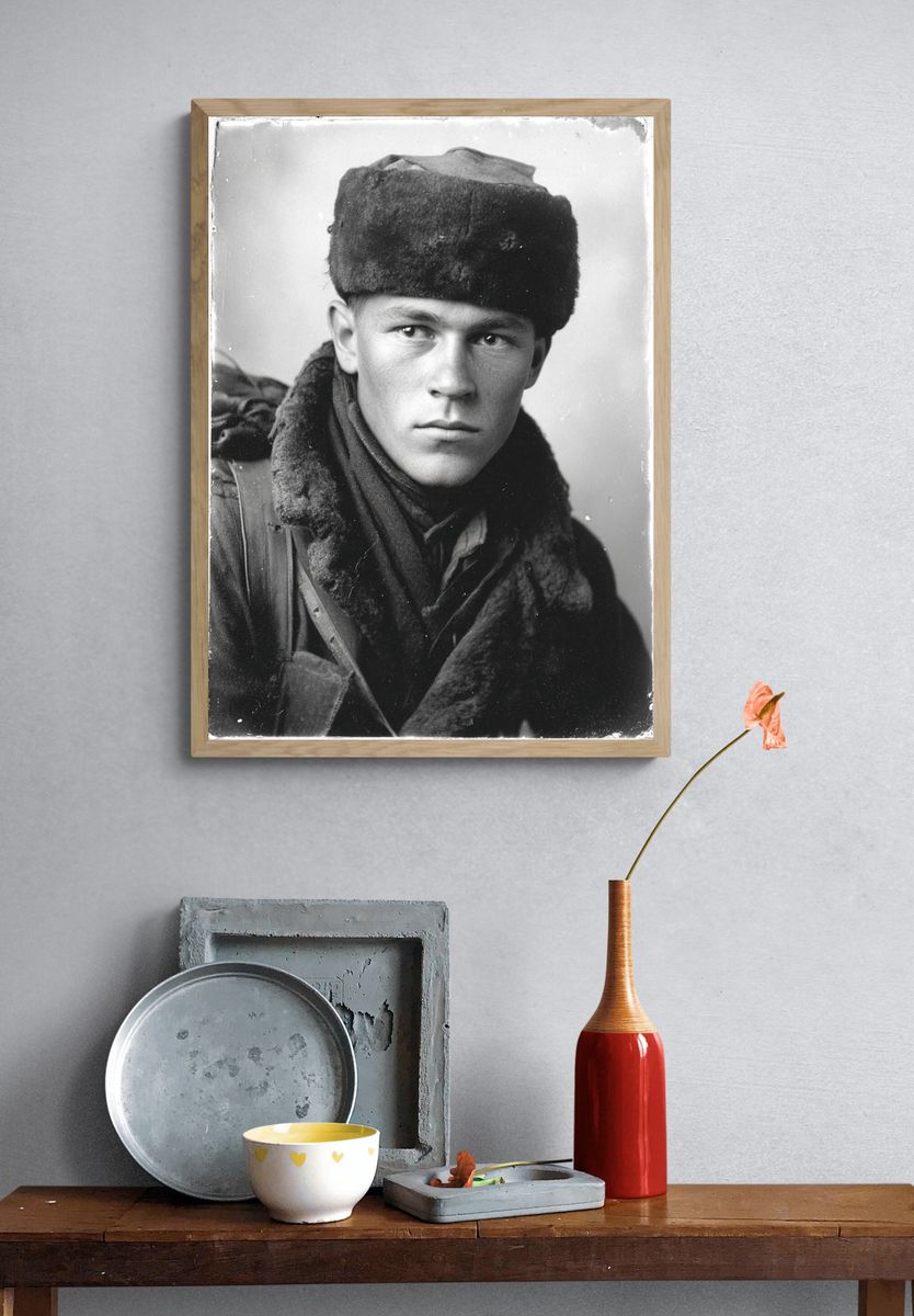 Black and White Soldier Portrait Poster. — room view 3
