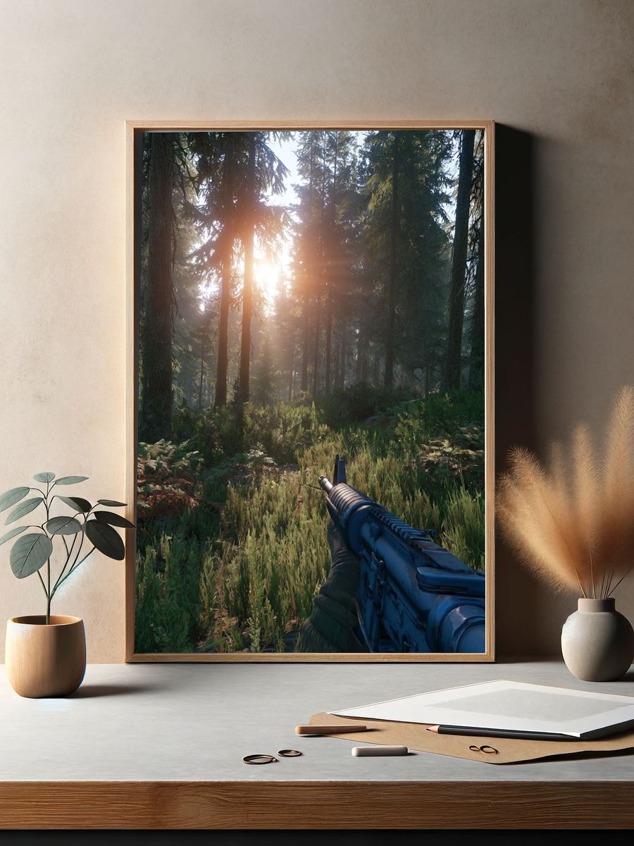 Sunlit Forest Rifle Scene Poster. — room view 2