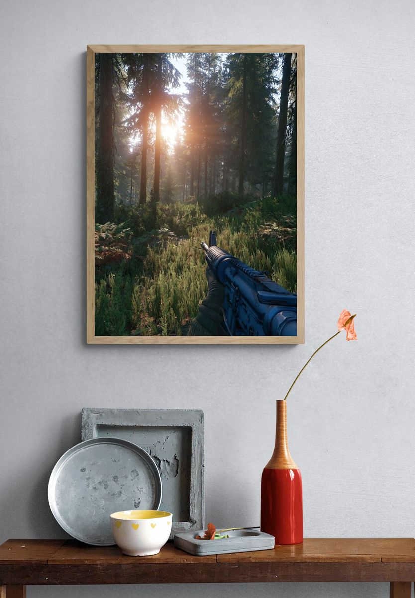 Sunlit Forest Rifle Scene Poster. — room view 3