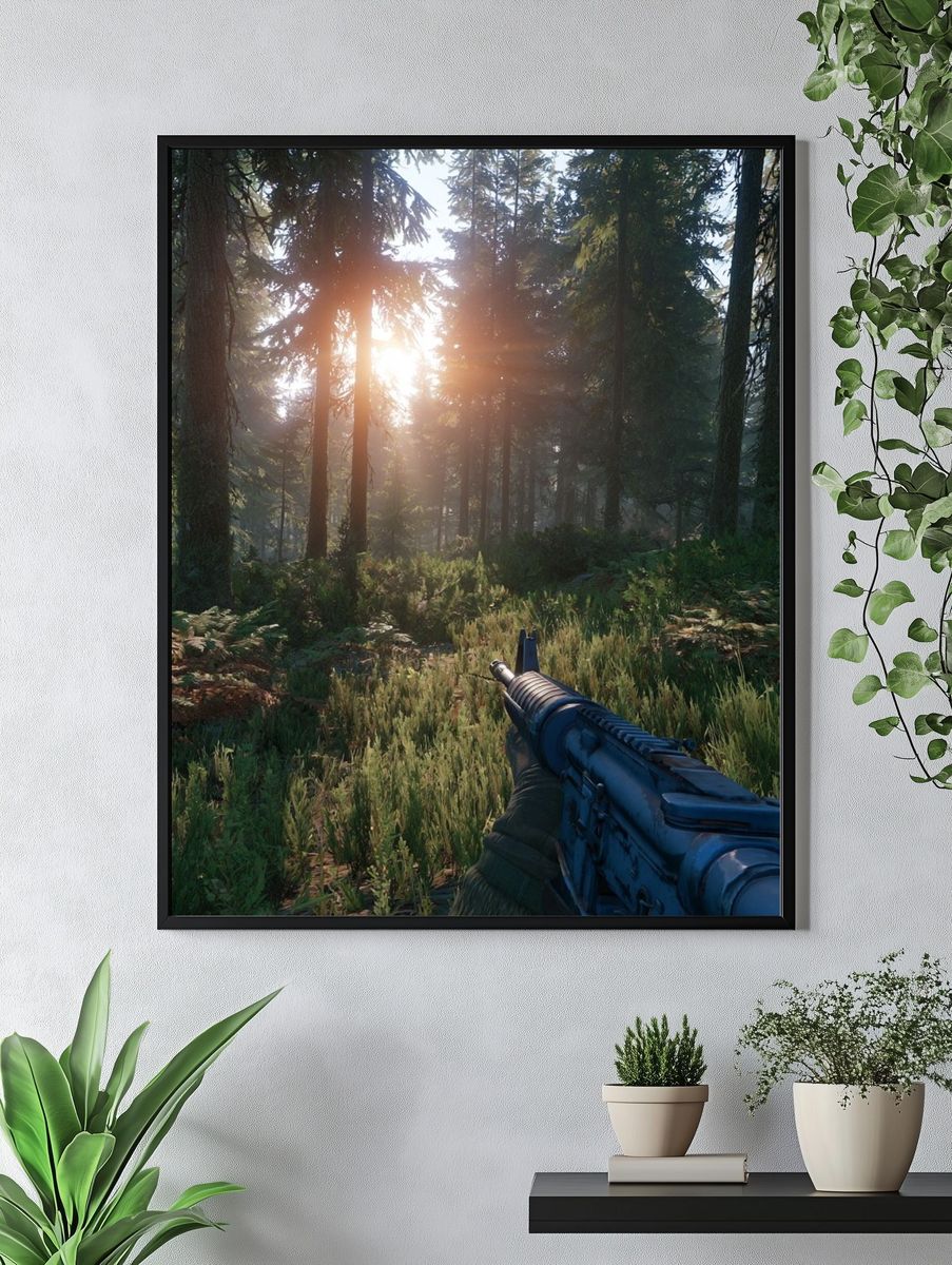 Sunlit Forest Rifle Scene Poster. — room view 4