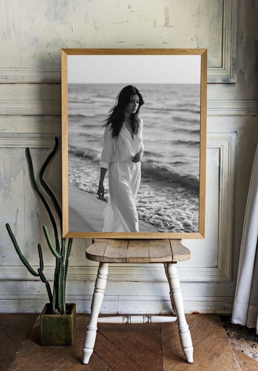 Seaside Woman Black-White Poster. — room view 1
