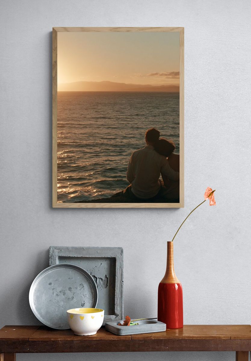 Sunset Couple by the Sea Photography Poster. — room view 3